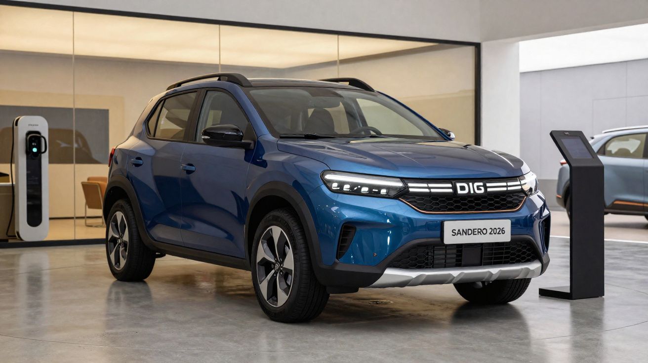 Carro elétrico Sandero 2026 azul estacionado em showroom com carregador elétrico interno ao fundo.