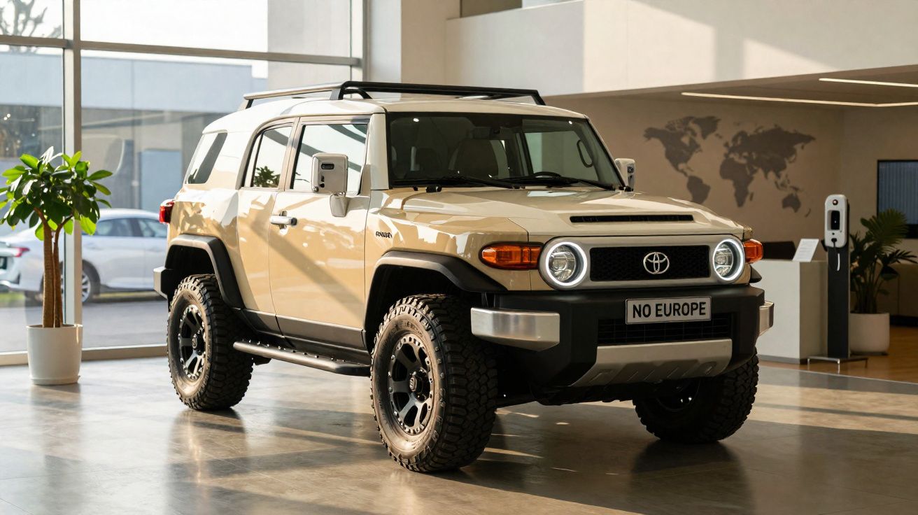 Toyota FJ Cruiser bege estacionado em ambiente interno moderno com plantas e parede com mapa mundi.