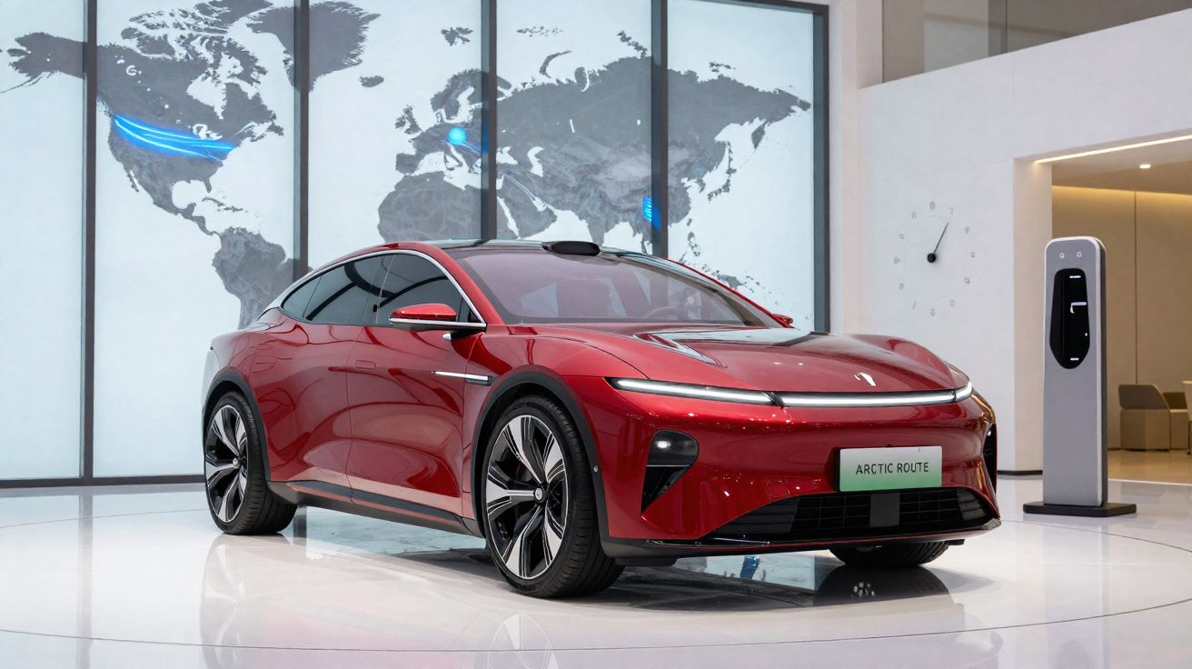 Carro elétrico vermelho em exposição, com mapa-múndi ao fundo e estação de recarga ao lado.