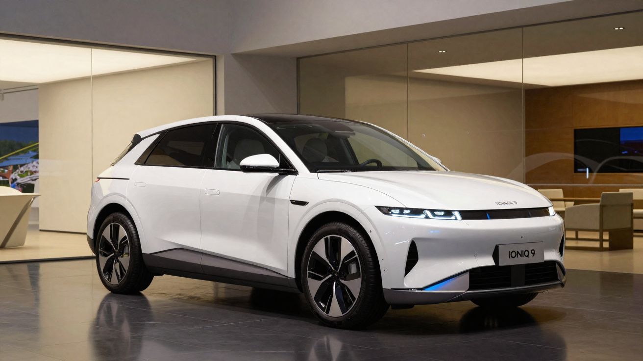 Carro elétrico branco Hyundai Ioniq 5 estacionado em ambiente interno moderno e iluminado.