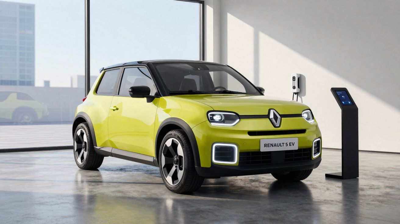Carro elétrico Renault 5 EV amarelo conectado a carregador em ambiente interno moderno.