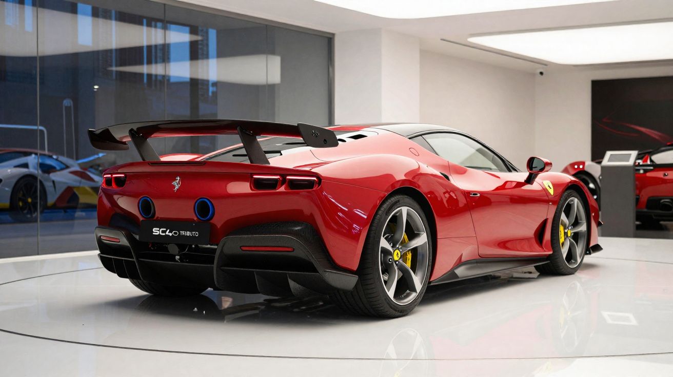 Ferrari SC40 Tributo vermelha em exposição, vista traseira, com aerofólio e rodas esportivas.