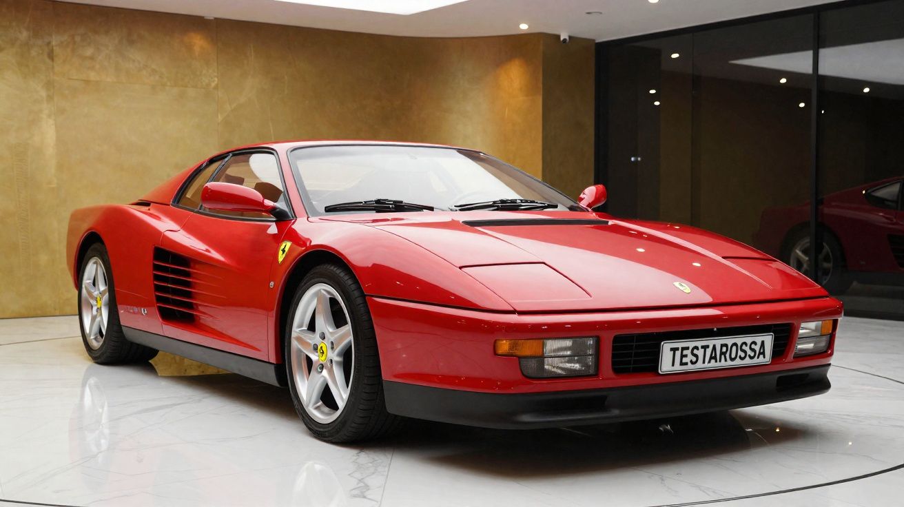 Carro esportivo vermelho Ferrari Testarossa exibido em ambiente interno com piso branco e parede dourada.