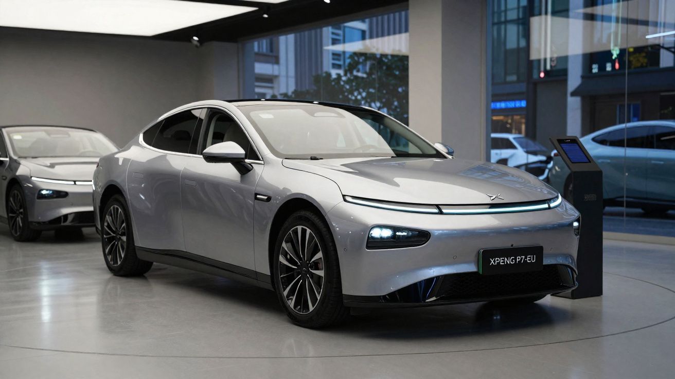 Carro elétrico cinza prata XPENG P7-EU em exposição em showroom moderno com carros ao fundo.