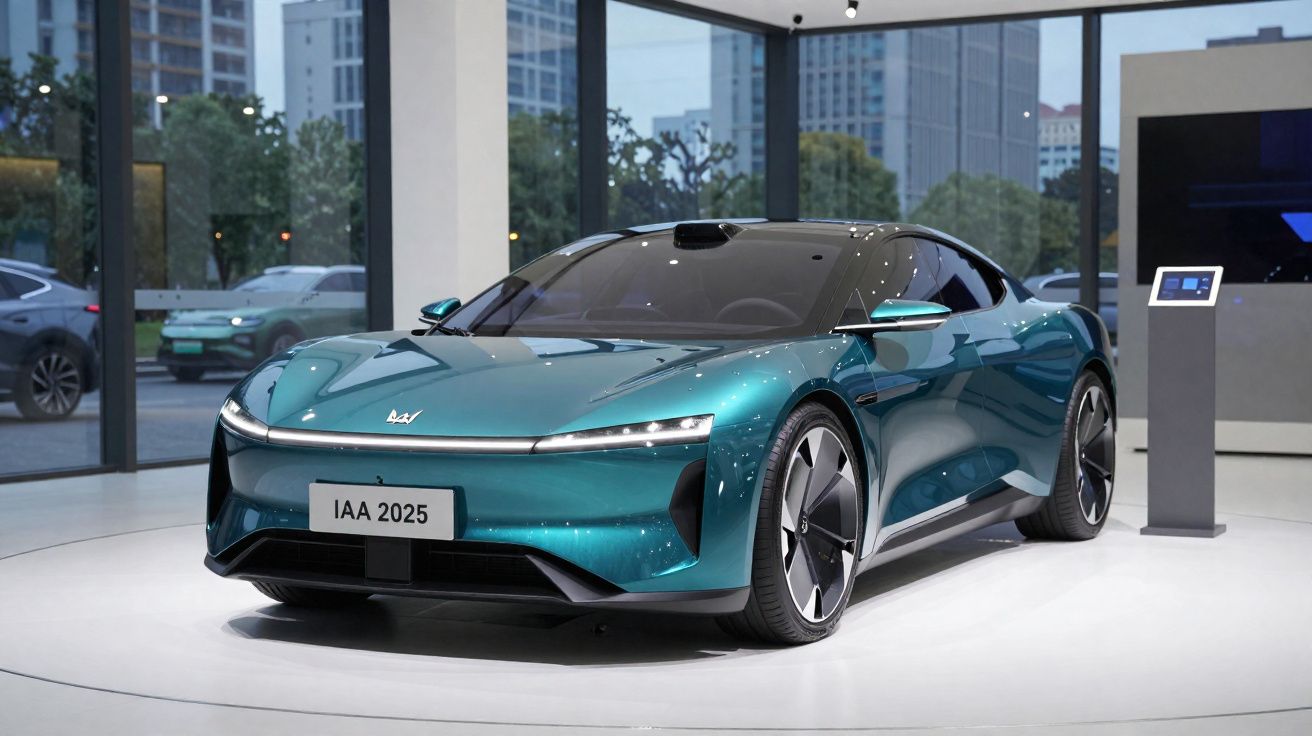 Carro esportivo elétrico azul metálico exposto em área interna moderna com janelas de vidro grandes.