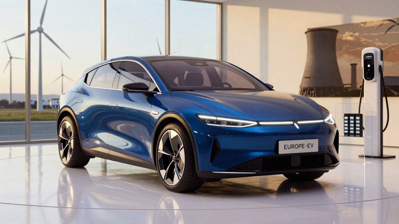 Carro elétrico azul estacionado em showroom com turbinas eólicas visíveis ao fundo pela janela.