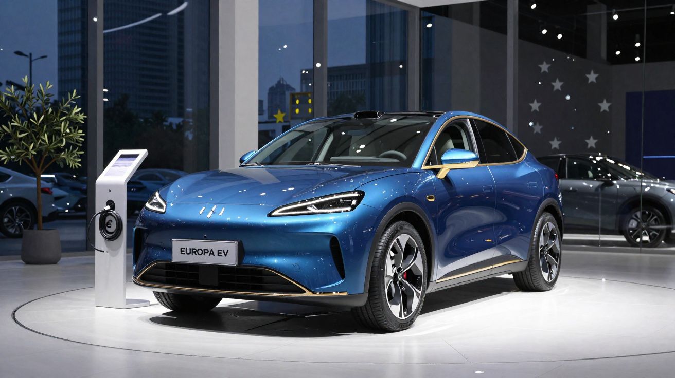 Carro elétrico azul Europa EV exposto em showroom moderno à noite, ao lado de estação de recarga.