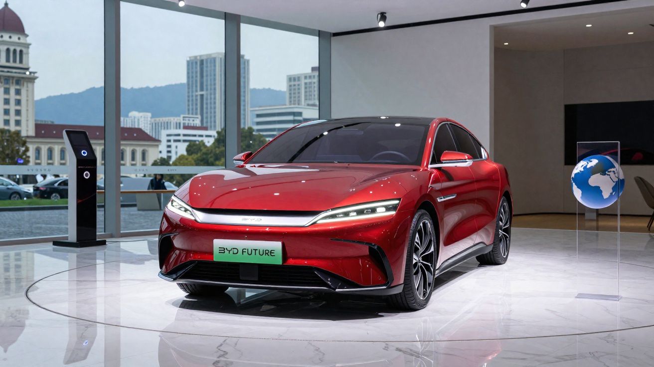 Carro elétrico esportivo vermelho exibido em showroom moderno com piso branco e janelas panorâmicas.