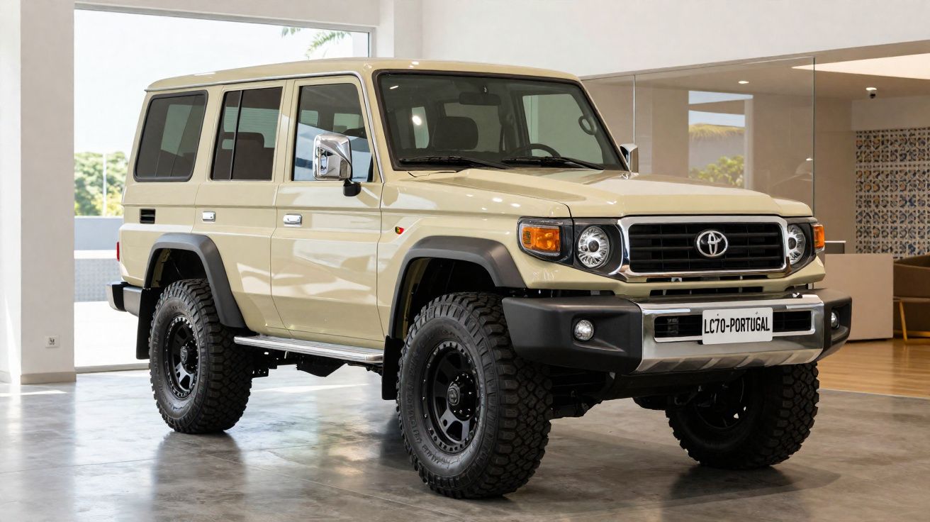 Carro utilitário bege Toyota 4x4 estacionado em ambiente interno com piso cinza e paredes brancas.