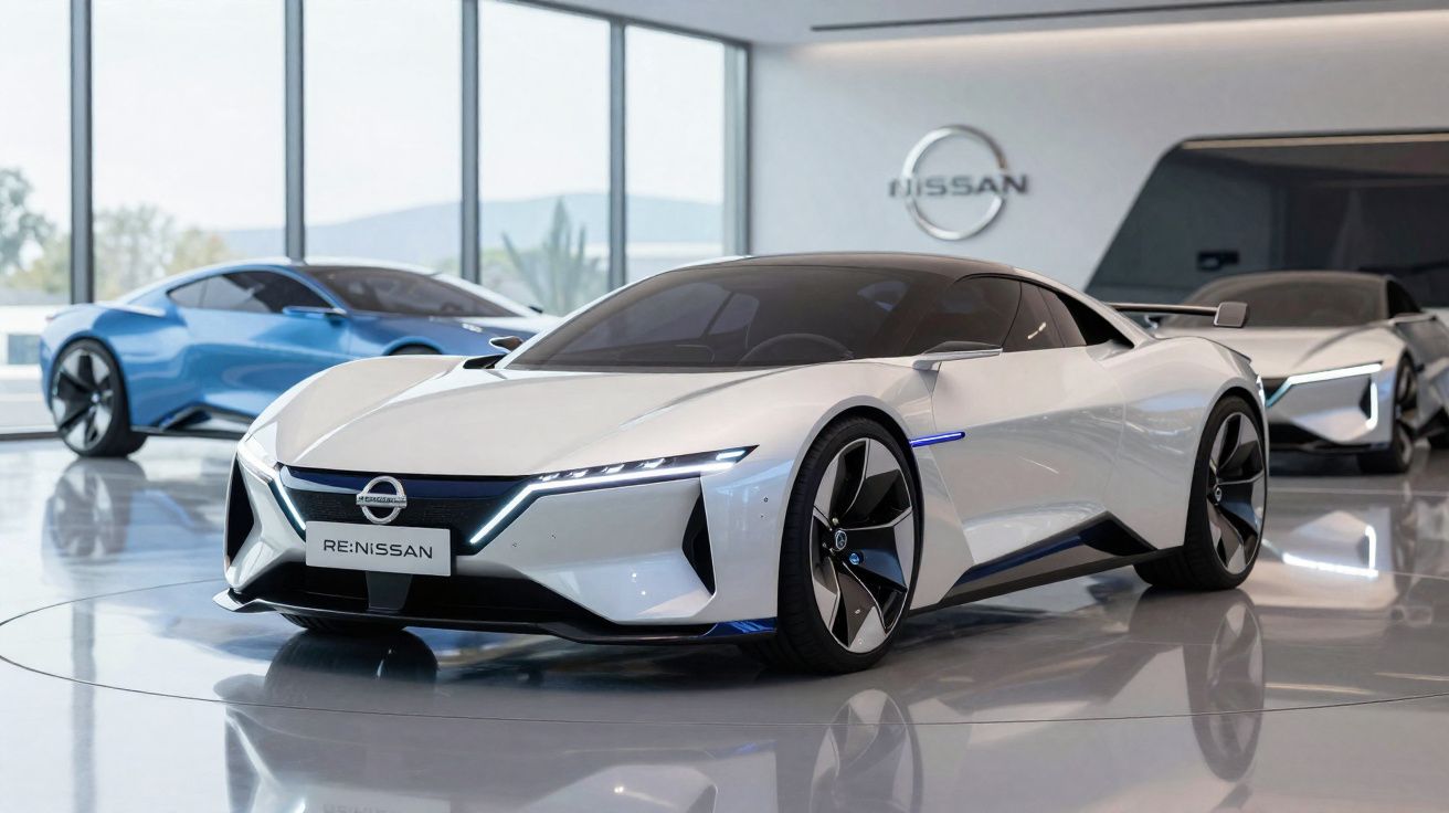 Carro esportivo elétrico branco da Nissan em exposição moderna, com outros modelos ao fundo.