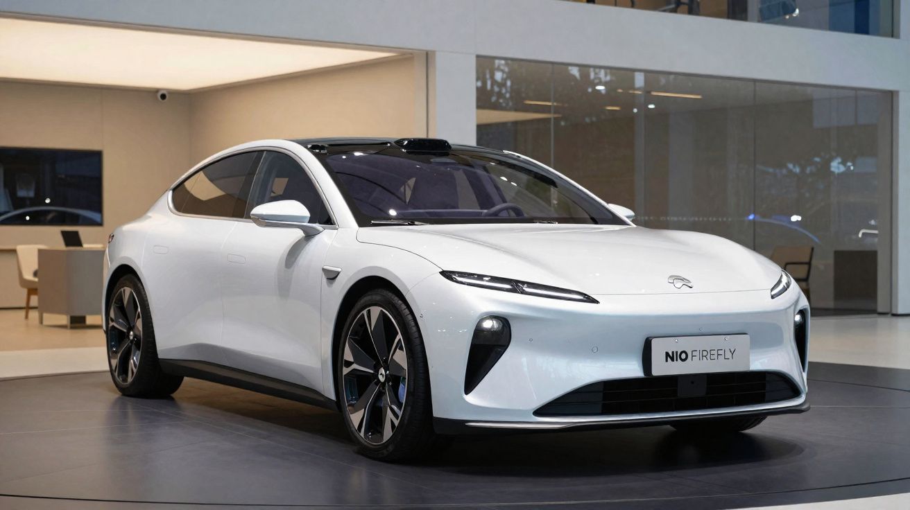 Carro elétrico branco NIO Firefly em exposição interna com design moderno e aerodinâmico.