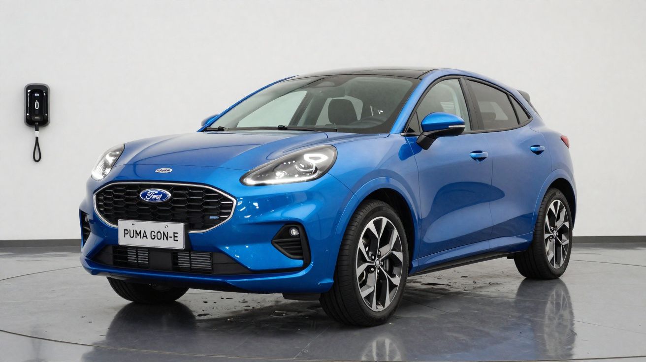 Carro elétrico Ford Puma GON-E azul estacionado em ambiente interno com carregador na parede.