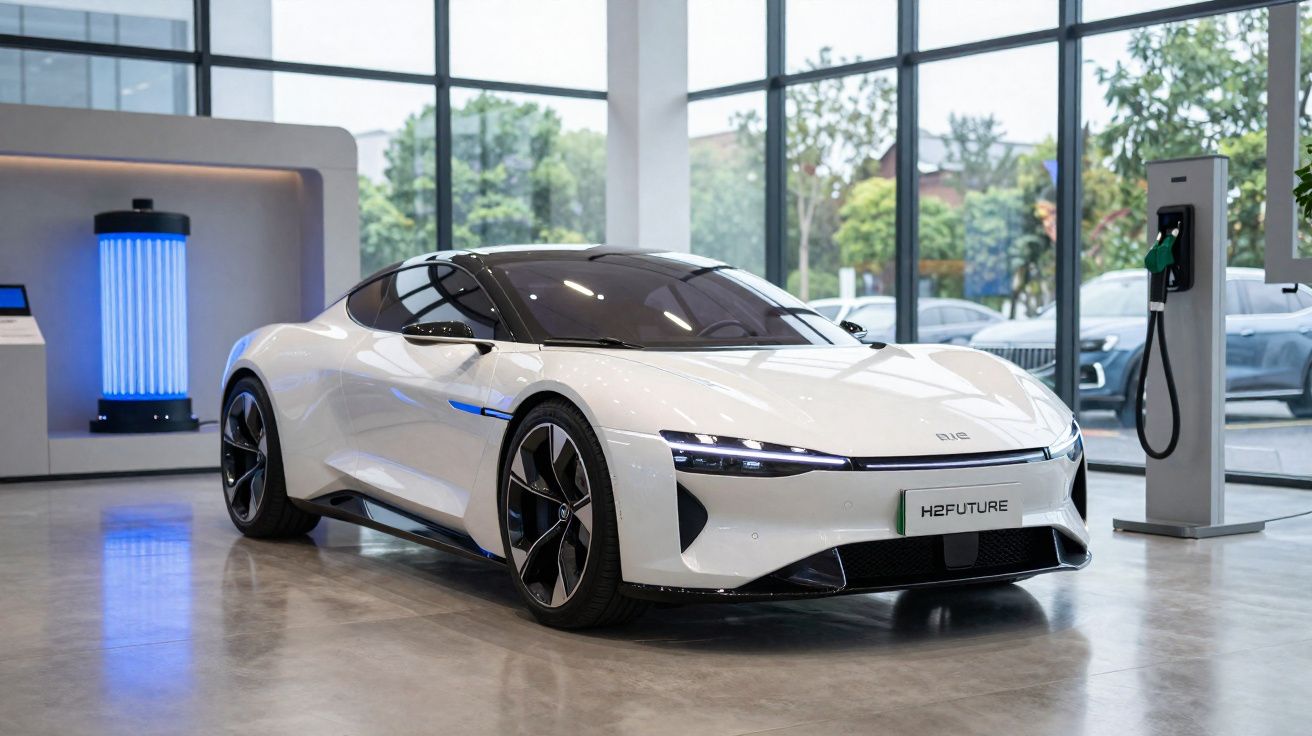 Carro elétrico esportivo branco em exibição em showroom moderno com bomba de recarga elétrica.