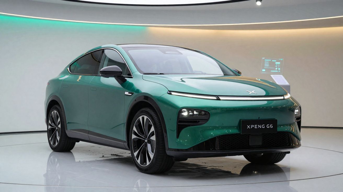 Carro elétrico verde Xpeng G6 exposto em ambiente moderno com iluminação suave.
