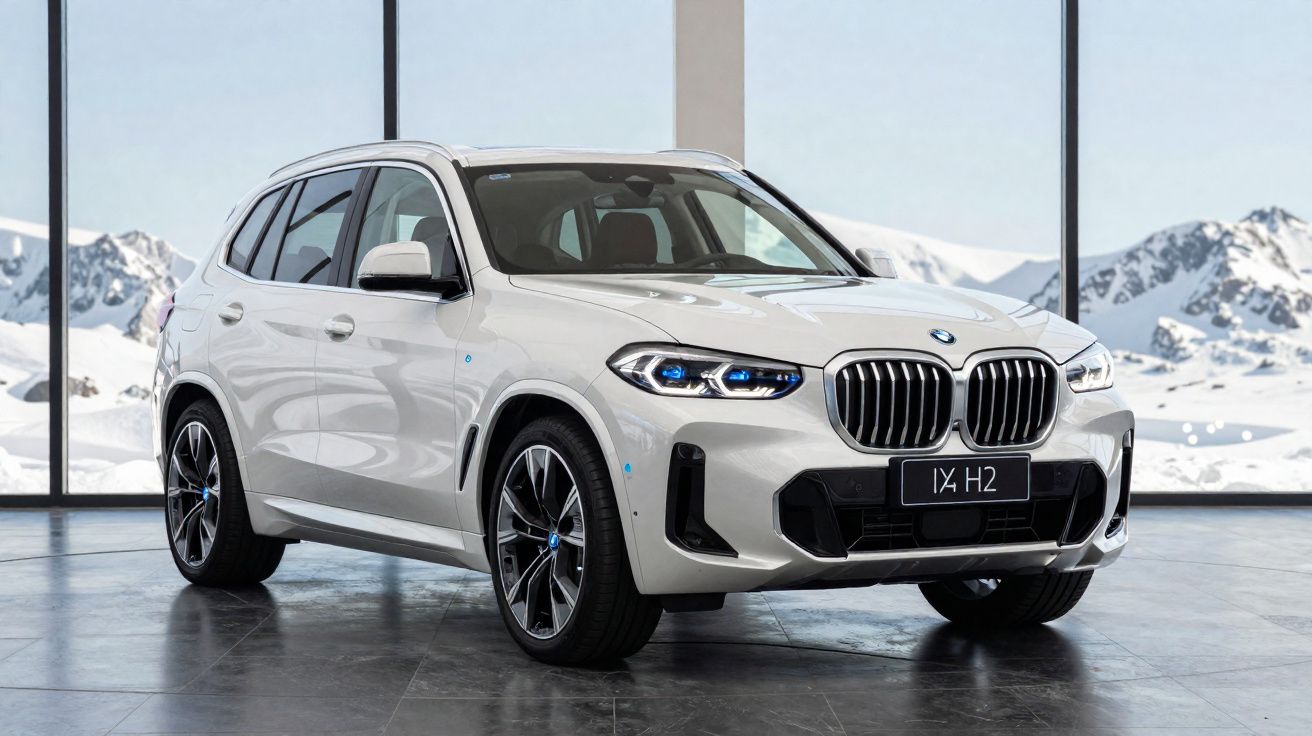 Carro SUV BMW branco estacionado em ambiente interno com janelas grandes e montanhas nevadas ao fundo.