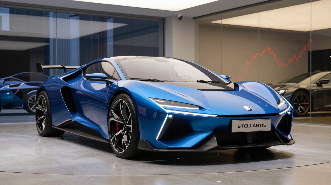 Carro esportivo azul metálico da Stellantis em exposição dentro de showroom moderno.