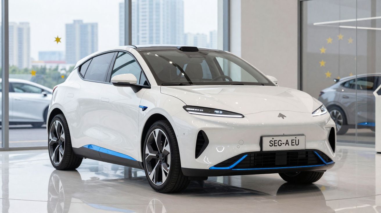 Carro elétrico branco futurista em showroom com detalhes azuis e rodas modernas, vista frontal lateral.