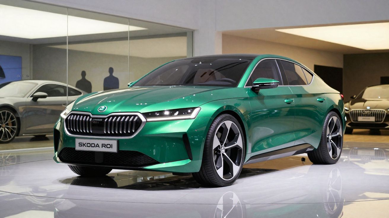 Carro esportivo verde metálico Skoda RO1 exibido em salão automotivo com teto preto e rodas grandes.