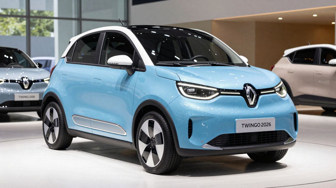 Carro Renault Twingo 2026 azul claro exibido em estande de feira automotiva com outras unidades ao fundo.
