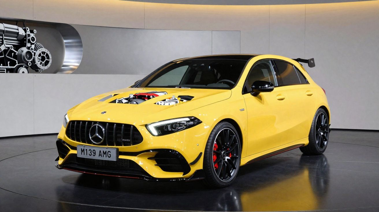 Carro esportivo amarelo Mercedes-Benz A45 AMG com motor exposto no capô em sala de exposição moderna.