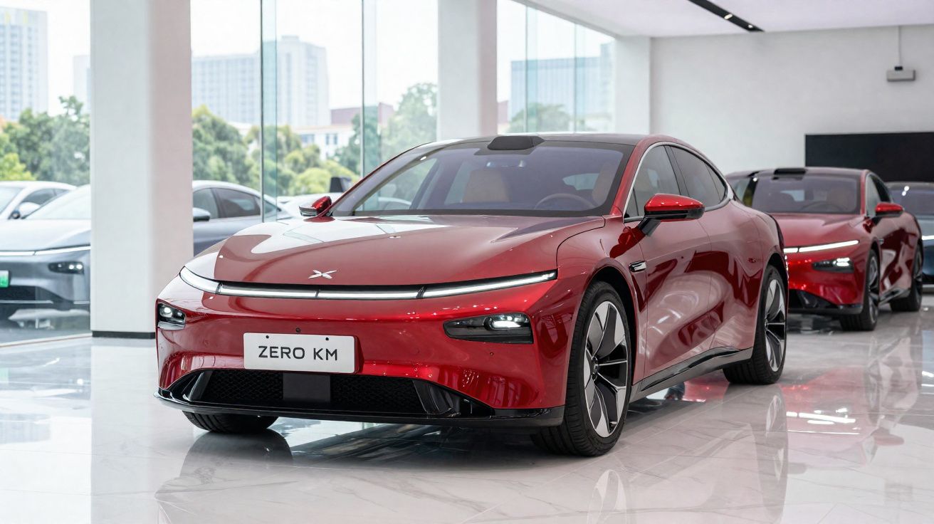 Carro elétrico vermelho moderno em showroom com placas "ZERO KM" e teto solar, ao lado de outro veículo similar.