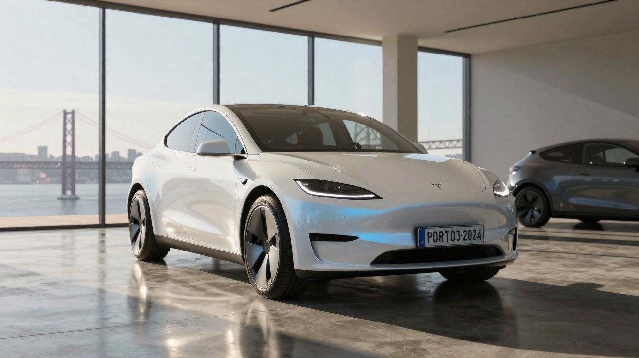 Carro elétrico branco Tesla estacionado em garagem ampla com janelas grandes e vista para ponte.