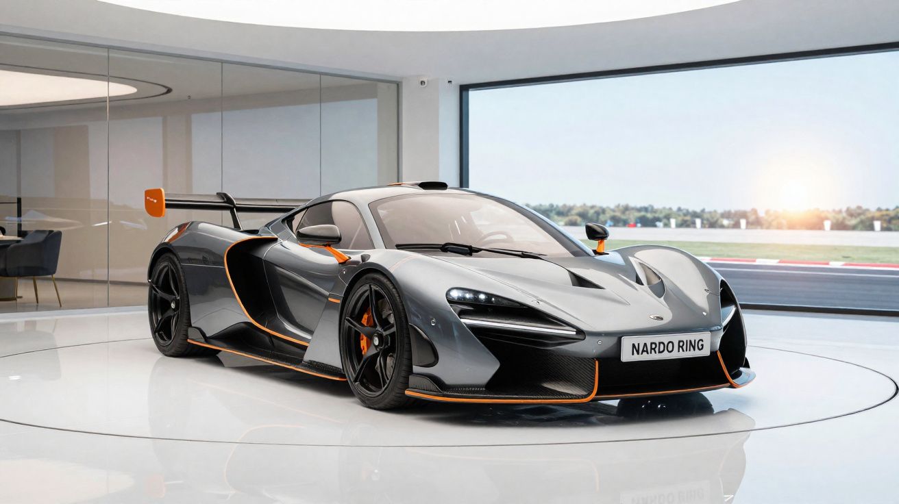 Carro esportivo cinza com detalhes laranja em exposição moderna, visto em ângulo frontal.