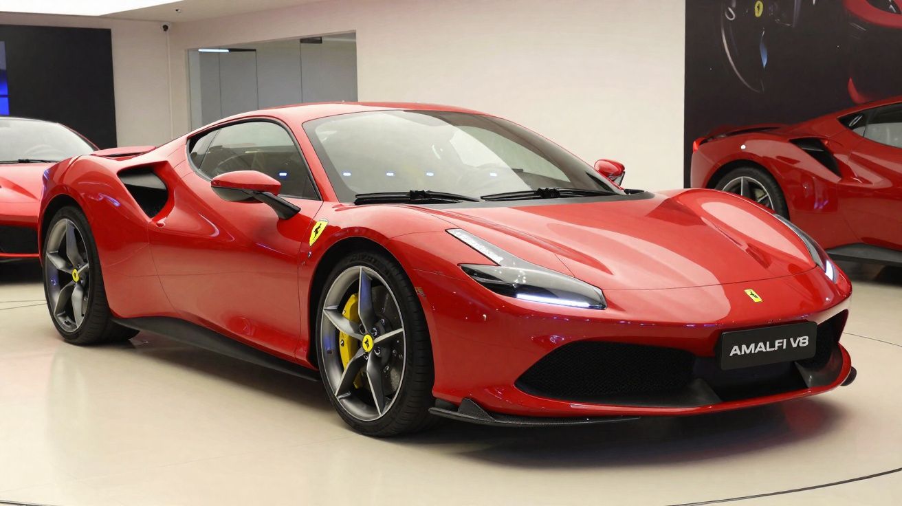 Carro esportivo Ferrari vermelho modelo Amalfi V8 exposto em ambiente interno moderno.