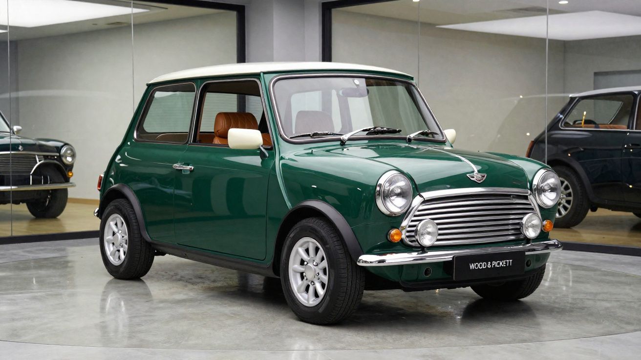 Carro clássico Mini Cooper verde com teto branco em exposição dentro de showroom moderno.