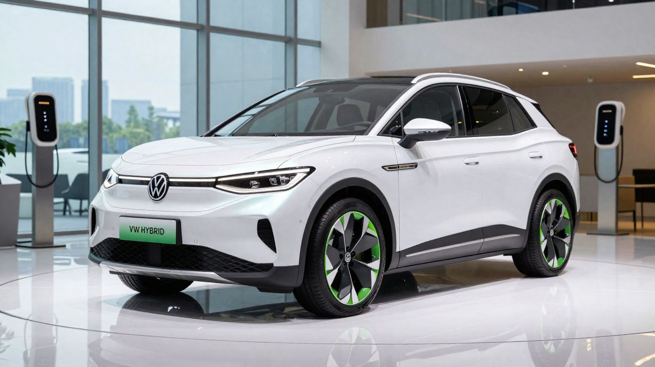 Carro elétrico Volkswagen branco híbrido exposto em salão moderno com estação de recarga ao fundo.