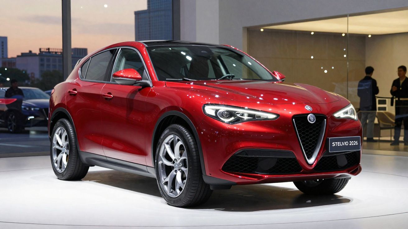 Carro SUV Alfa Romeo Stelvio 2026 vermelho exposto em salão automotivo moderno ao entardecer.