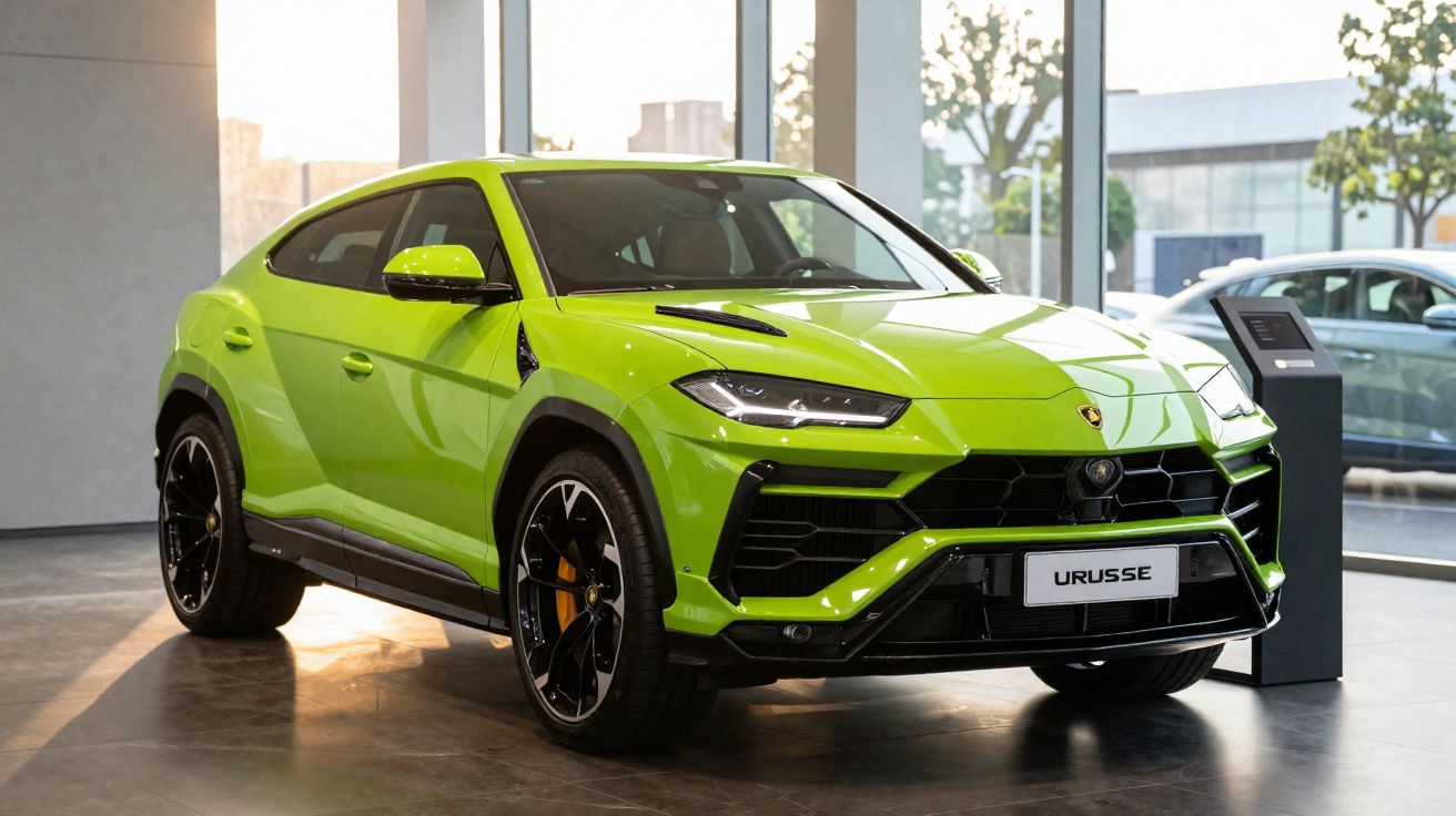 SUV Lamborghini Urus Verde Limão exibido em showroom com janelas grandes ao fundo.