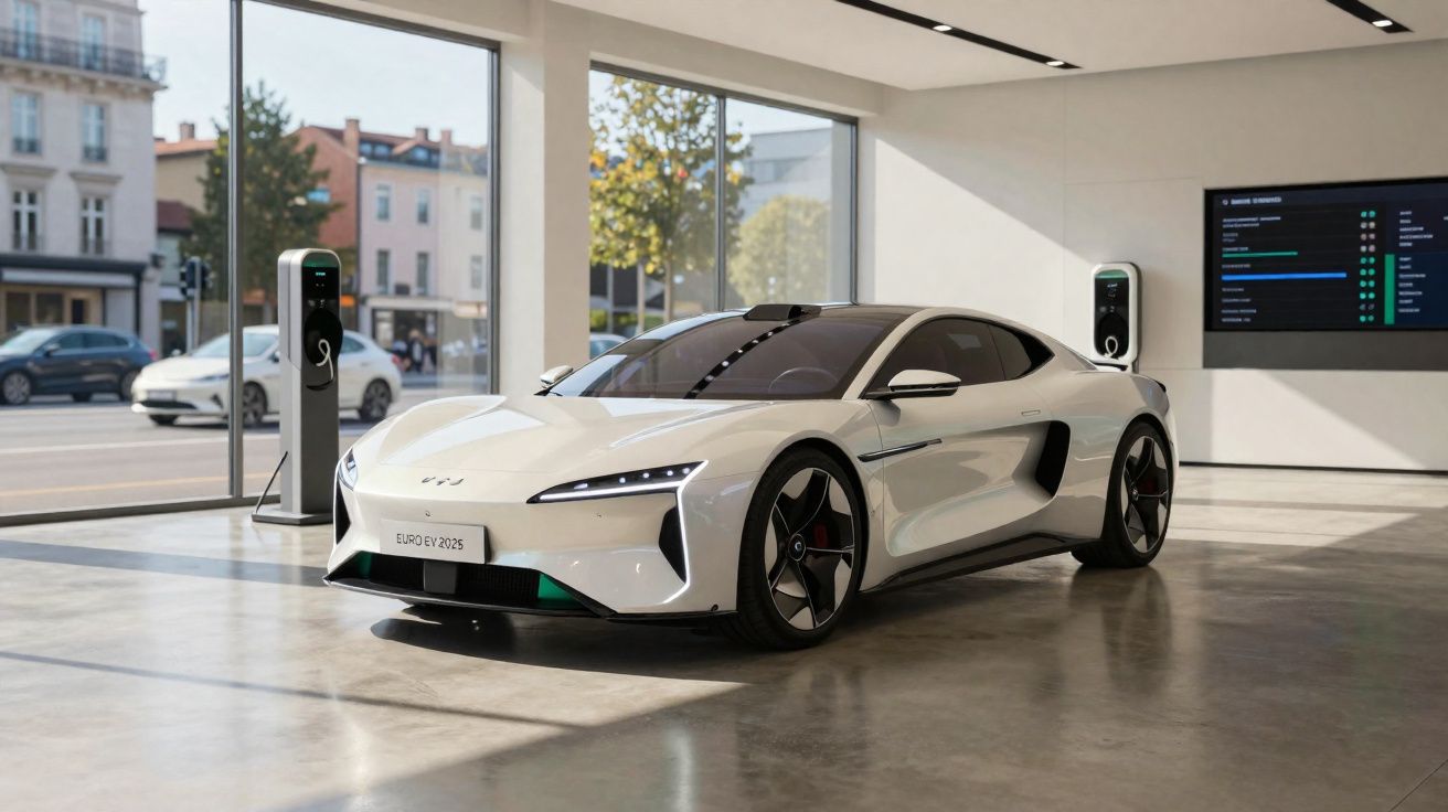 Carro esportivo elétrico branco estacionado em showroom moderno com carregadores elétricos.