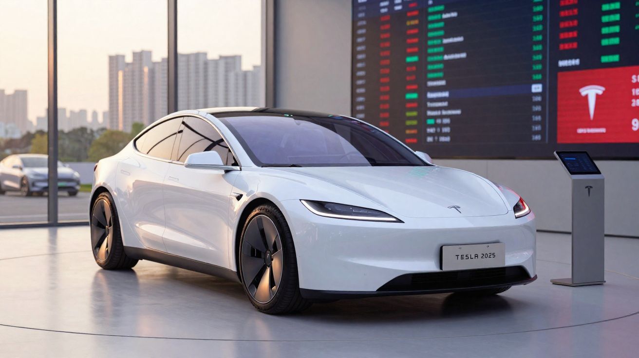 Carro elétrico branco Tesla modelo 2025 em exposição interna com painel digital ao fundo.