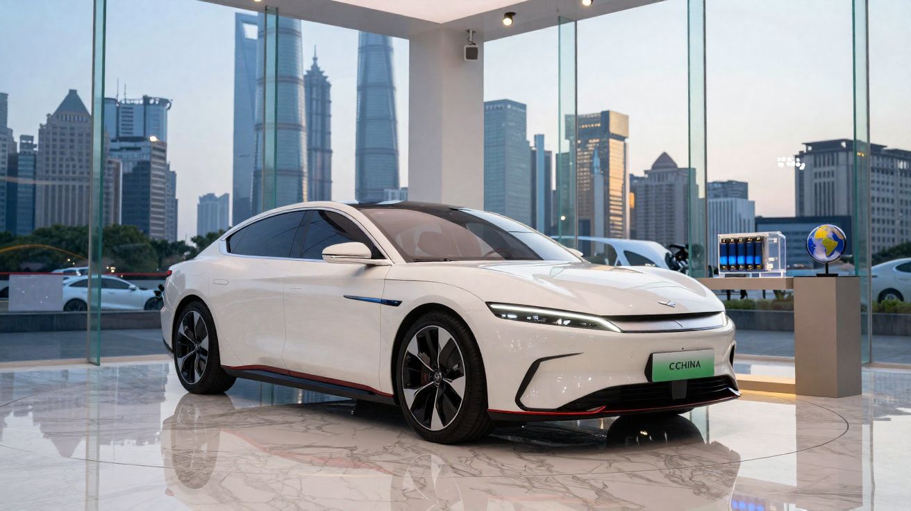 Carro elétrico branco moderno exposto em showroom com grandes janelas e vista para prédios altos ao fundo.