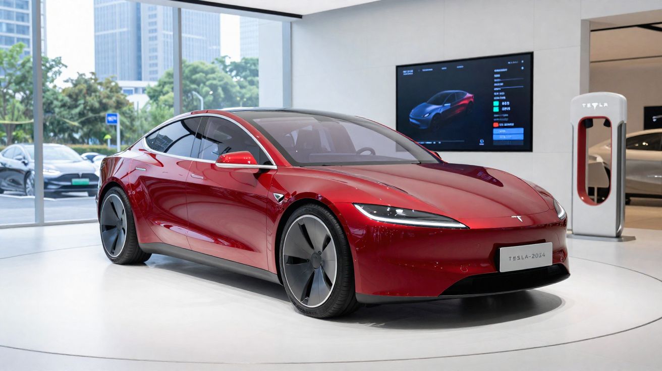 Carro elétrico Tesla vermelho em exposição interna com carregador e tela digital ao fundo.
