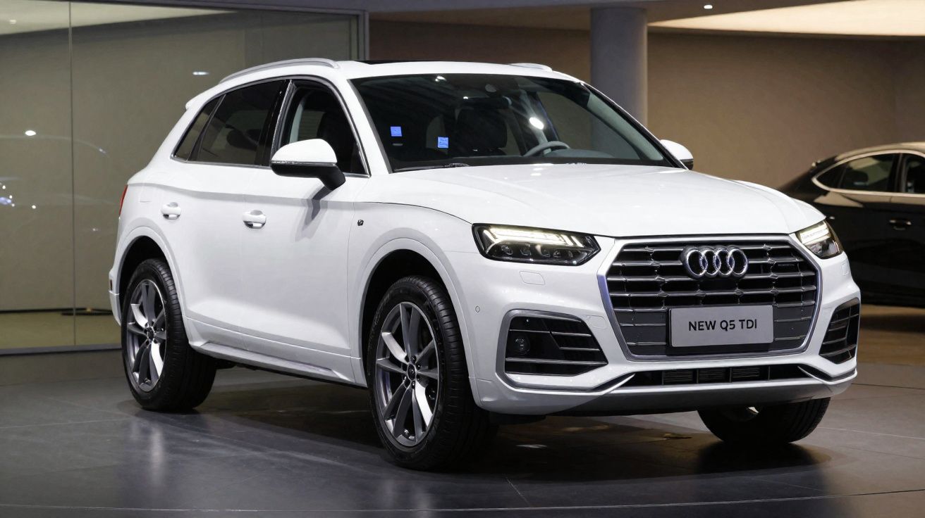 SUV Audi Q5 TDI branco em exposição interna com faróis acesos e rodas cinza escuro.