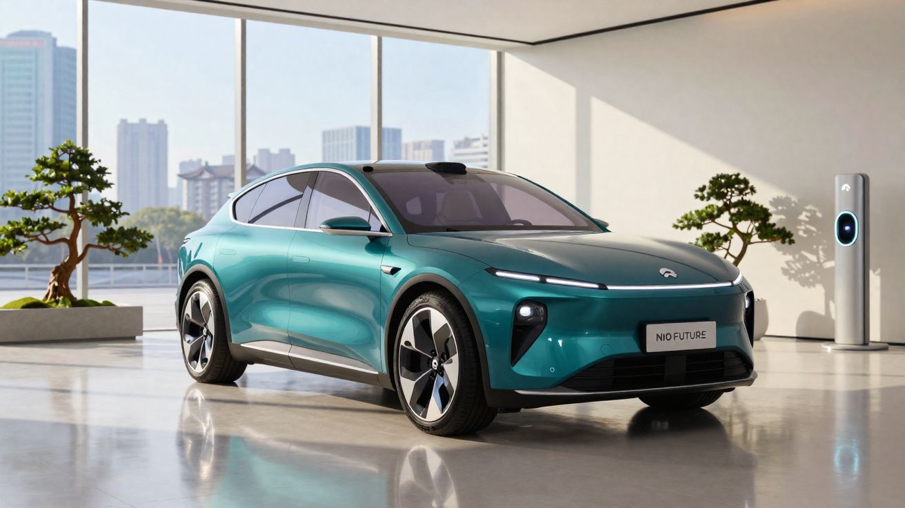Carro elétrico verde em showroom moderno com piso espelhado, plantas decorativas e painel solar visible.