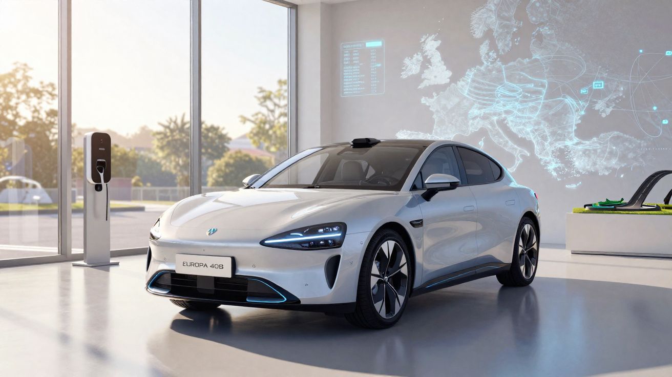 Carro elétrico branco Europa 408 exibido em showroom moderno com janela de vidro e projetor de mapa no fundo.