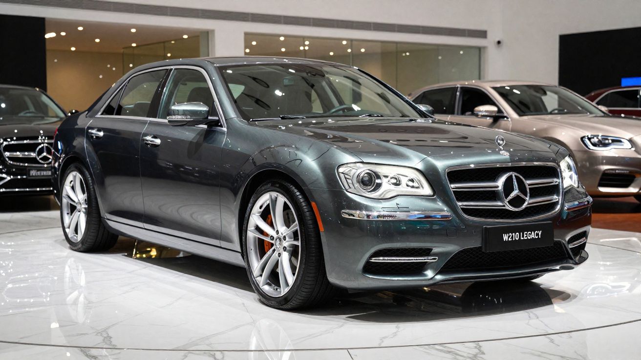 Carro Mercedes-Benz cinza escuro modelo W210 Legacy exposto em showroom iluminado.
