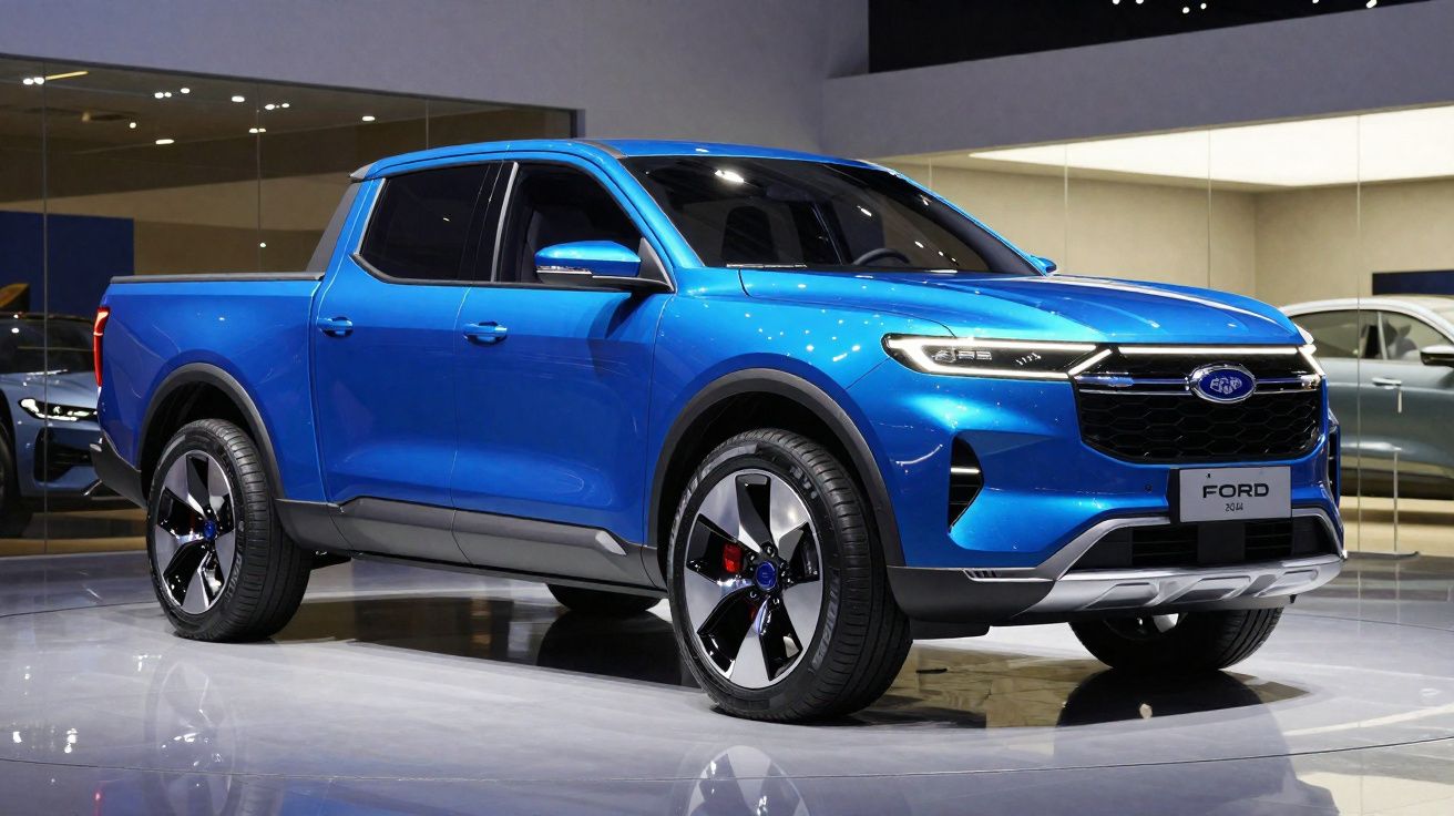 Picape azul Ford com cabine dupla exibida em salão automobilístico moderno.