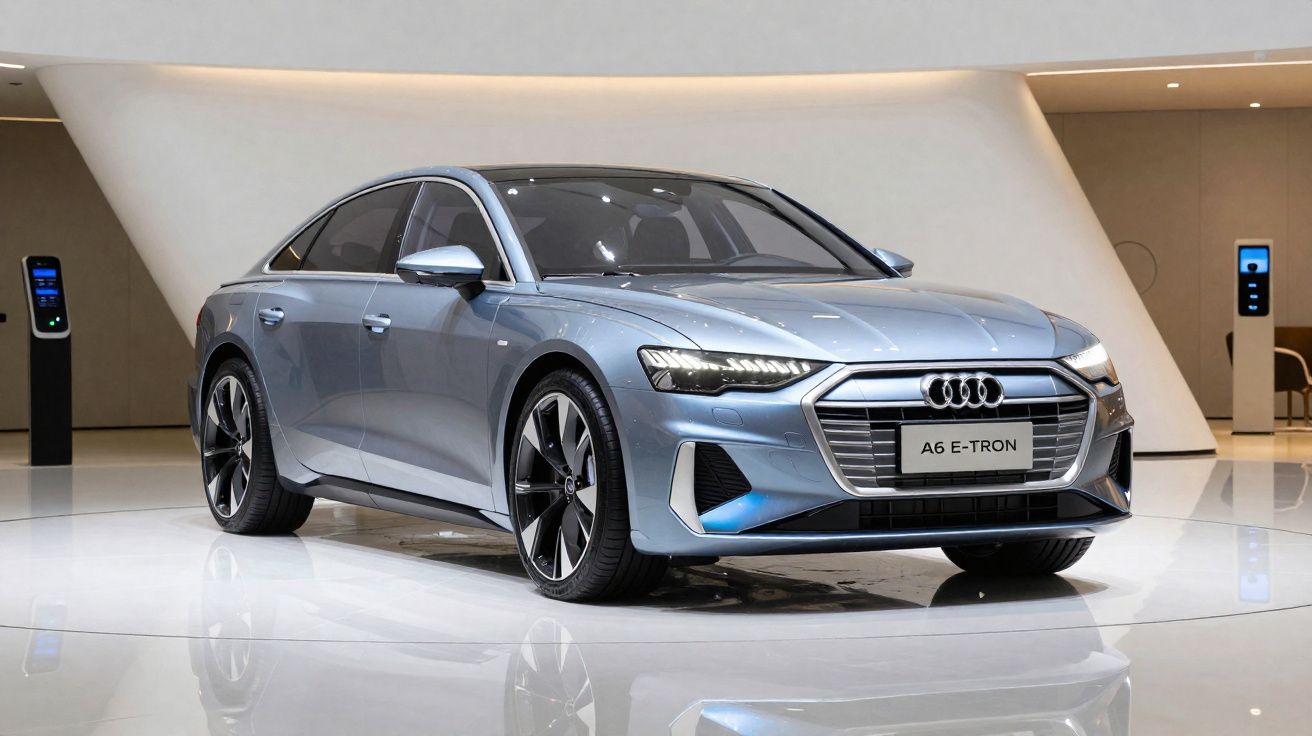 Carro elétrico Audi A6 E-Tron em exposição com design moderno em ambiente interno iluminado.