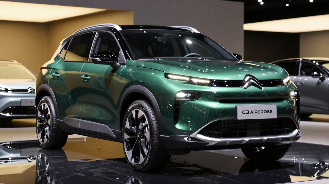 Carro SUV Citroën C3 Aircross verde metálico em exposição com teto preto e rodas pretas.