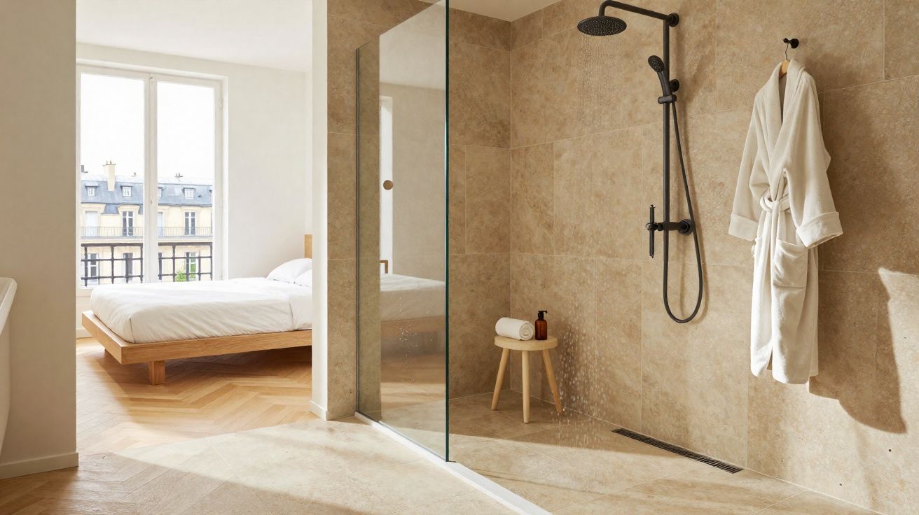 Banheiro com chuveiro de teto preto, parede bege, roupão branco e cama de madeira ao fundo.