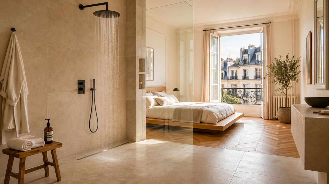 Banheiro moderno integrado ao quarto com ducha aberta, cama baixa, janela ampla e planta decorativa.