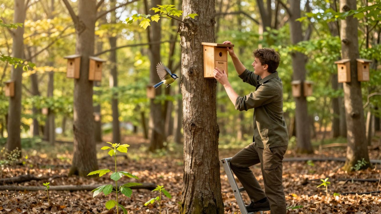 Homem instala caixa de madeira para passarinho em árvore dentro de floresta iluminada pelo sol.