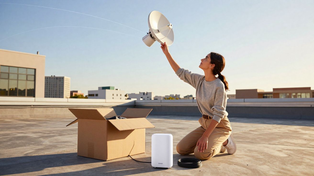 Mulher ajoelhada em telhado segurando antena parabólica com caixa e equipamentos ao redor.