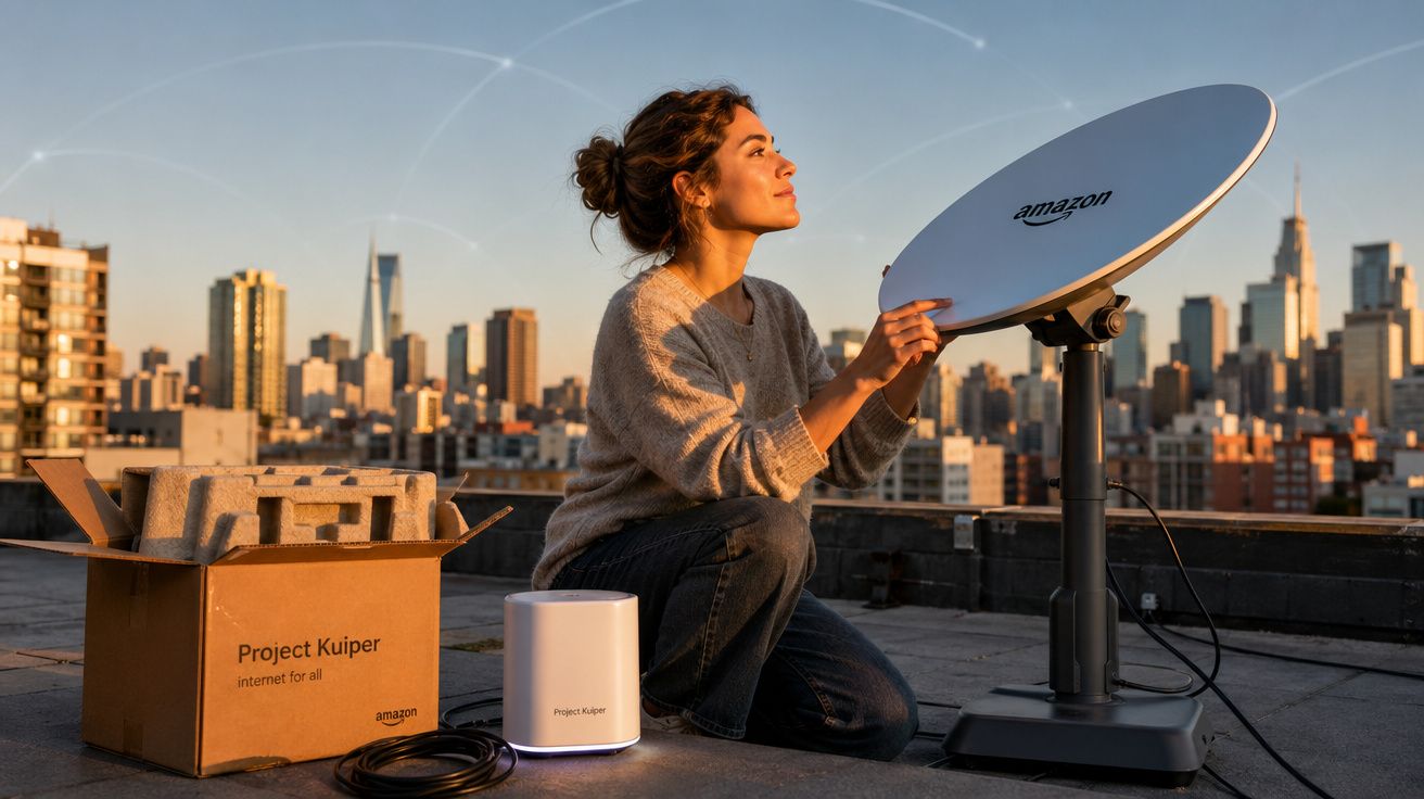 Mulher ajusta antena parabólica Amazon Project Kuiper no telhado com cidade ao fundo ao entardecer.