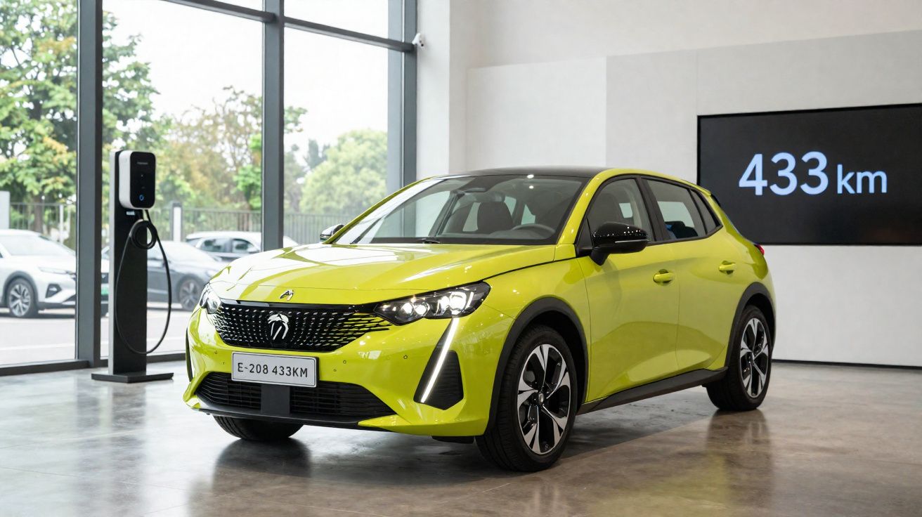 Carro elétrico amarelo estacionado em showroom moderno com estação de carregamento e painel indicando autonomia de 433 km.