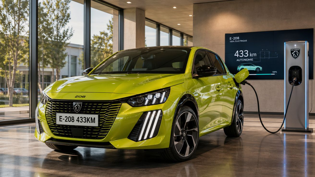 Carro elétrico Peugeot E-208 verde carregando na estação de energia em ambiente interno moderno.